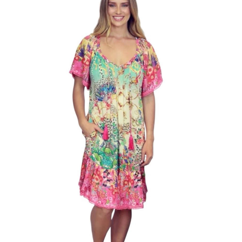 Lula Life / LulaLife Lulu Shirred Floral Print Tie Neck Tassel Midi Dress - M